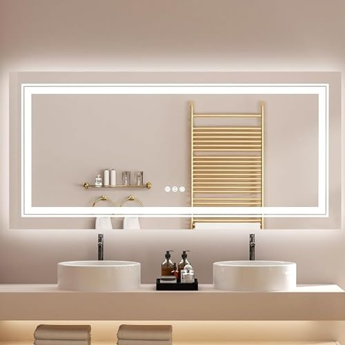 LUVODI Groß LED Badspiegel 140x70cm: Badezimmerspiegel mit Hintergrundbeleuchtung + Frontbeleuchtung, Smart Wandspiegel Touch Schalter Antibeschlag Dimmbar 3 Farben Kosmetikspiegel Flur Spiegel