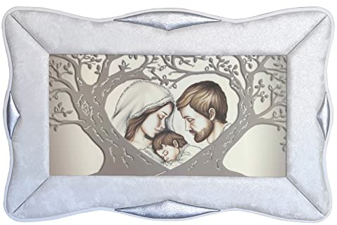 Quadro Sacra Famiglia Albero della Vita Cornice Rondine in Ecopelle Bianca, Arredo soggiorno salotto camera da letto cucina ufficio bar ristorante Regalo utili, originali ed economici (Argento, 90x60)
