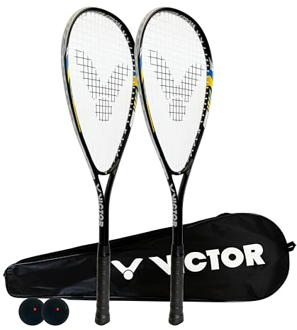 VICTOR Power Storm Twin Squash Racket Set, Protective Cover & Squash Balls