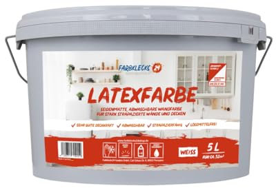 Farbklecks24 Latexfarbe 5L (versch. Größen) weiß, seidenmatte Latexfarbe, Badfarbe, Küchenfarbe