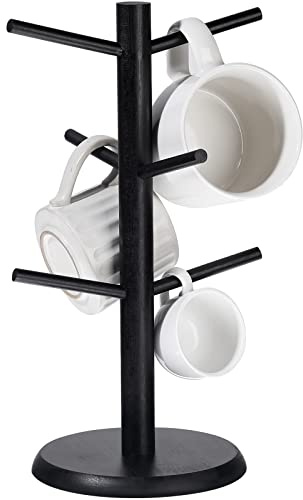 Nuenen 14 Zoll Kaffeetassen Halter Baum Tassenhalter Baum Becherhalter Kaffeebecher Gestell Getränkehalter für Theke mit 6 Haken Abnehmbarer Tassen Ständer (Schwarz, Bambus)