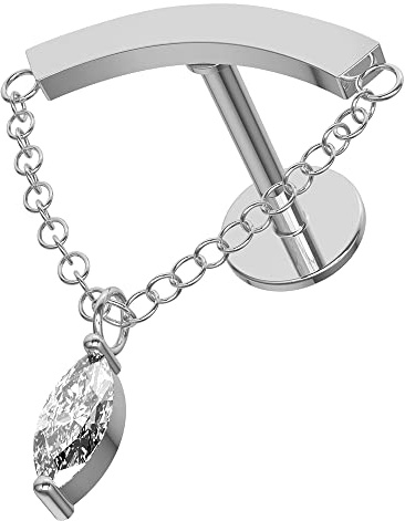 AZARIO LONDON Marquis Cz Piedra Preciosa Colgando en Cadena de Acero quirúrgico Labret-Cartílago-Tragus Pendiente/Helix Stud/Concha Piercing Stud - Stud de Acero quirúrgico - Labret Calibre 16