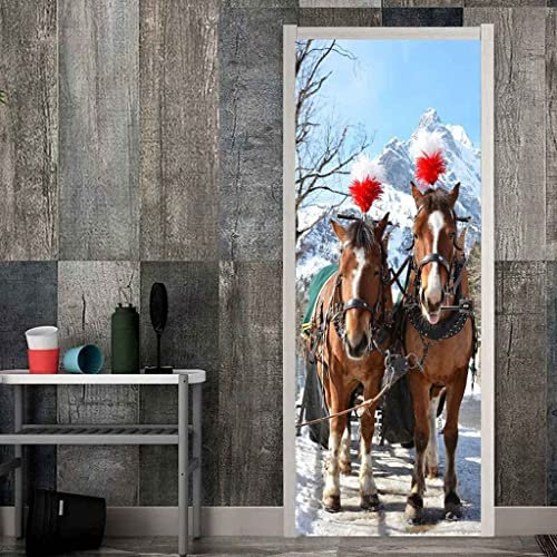 Türtapete Selbstklebend Türfolie Türposter 3D Schneeberg Tier Paar Pferd Selbstklebender Türaufklebervinyl Folie Türdeko Tapete Wandbild Türaufkleber Schlafzimmer Haus Dekoration Wohnzimmer Küche 80