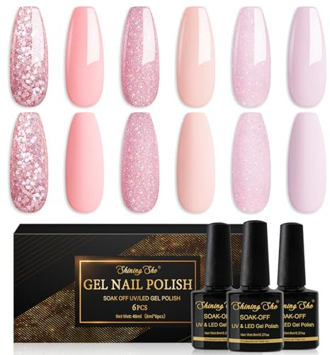 Shining She Vernis Semi Permanent, 6 Couleurs Rose Clair Paillettes Gel UV Semi Permanent Soak Off UV/LED Vernis à Ongles Pour Salon De Manucure DIY Home, 8ml