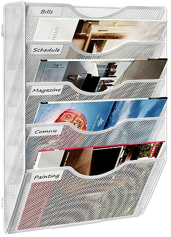 TQVAI 5 Fächer Zeitschriftenhalter Wand Metall Dokumenten Organizer Papier A4 Flyerhalter Postsortierer Dokumentenablage für Büro Zuhause Schule, Weiß