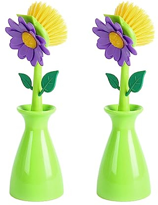 BBTISG 2 Pcs Flower Shape Cleaning Brush, Removable Handle Kitchen Bathroom Brush Creative Lovely Shape Lavatory Bowl Dish Pot Cleaning Brush with Holder (Green)