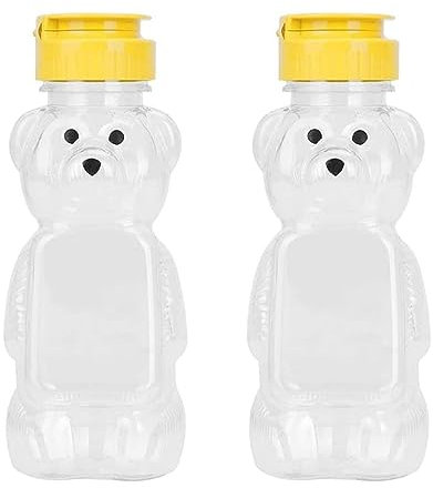 2Pcs Yellow 8 Oz Plastic Bear Honey Bottle Jars, Empty Honey Squeeze Bottle with Flip-top Lid for Storing and Dispensing, Yellow Flap Caps for Storing and Dispensing Garlic Presses