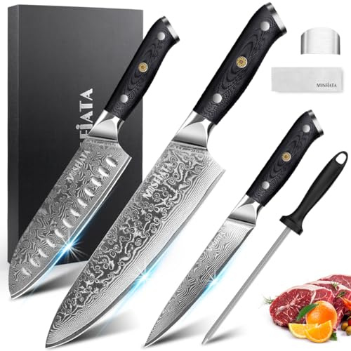 Damastmesser Set 3-teilig Messerset Damast Küchenmesser Set Damascus Knife | Inklusive 20 cm Kochmesser, 18 cm Santoku Messer, 13 cm Allzweckmesser und Wetzstahl