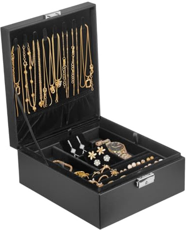 Prestige & Fancy 2 Layer Jewelry Box Organizer for Men, Women & Girls 8.5 x 7.5 x 3.3 in | PU Leather Black Jewelry Storage Organizer | jewelry storage box for Rings, Necklace & Bracelets