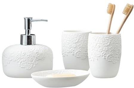 JTBDWOSK Badezimmer Set, Seifenspender Sets Weiss, mit Zahnbürstenhalter, Seifenspender, Seifenschale, zahnputzbecher, für Wohnung, Hotel, Keramik,E