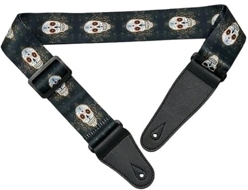 CEMELI Breiter 50 mm Totenkopf-Druck schwarzer Gitarrengurt Akustik-Schultergurt und Lederenden für E-Gitarren Bassgitarre Länge verstellbar 90–150 cm