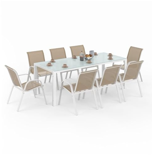 IDMarket - Salon de Jardin Madrid Table 190 cm et 8 chaises empilables Blanc et Beige Taupe
