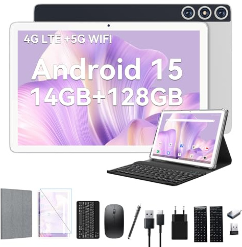 2026 Neueste Android 15 Tablet 10 Zoll, 4G LTE Tablets Mit 2 SIM 1 SD slot, 5G Wifi Tablett PC Mit 14GB+128GB(1TBTF), 3-in-1 Tablet Mit Tastatur Maus-Octa-core, 1080FHD,13+8MP,7000mAh,GPS/OTG-Silber