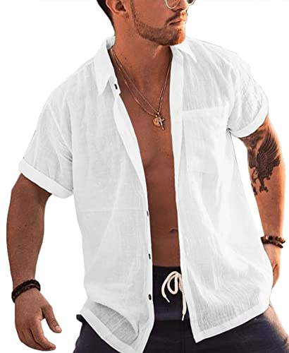 Runcati Camisa para hombre, manga corta, camisa de playa, algodón y lino, cuello reversible, camisa de verano, camiseta de ocio para hombre
