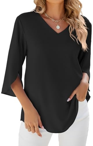 SHEKINI Camicia Donna Elegante a Manica a 3/4 Top Blusa Maglia Casual Tessuto in Chiffon Scollo a V Manicotto Split Abbigliamento Donna