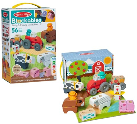 Melissa & Doug Blockables™ Farm snap and play, mixa och matcha anslutbara träbyggstenar lekset leksak för förskolepojkar och flickor (56 st) | 56 träblock och kontakter, bygga lantbruksfordon och djur, bondefigurer, låtsaslek, småbarnsleksaker för barn, åldrar 2+