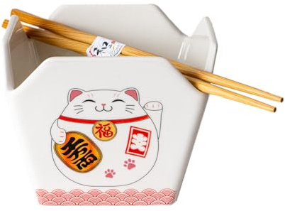 Urban Tokyo Chinese Takeout Box Style Porcelain Bowl With Chopsticks 18 fl oz Square Shape Rice Noodles Pasta To Go Box Shaped Bowl Microwave Dishwasher Safe (Lucky Cat)