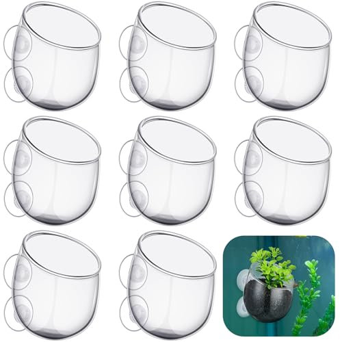 Dandat 8 Pcs Aquarium Plant Holder Pot Clear Glass Aquatic Plant Cup with Suction Cups Aquarium Fish Tank Pots for Aquaponic Cultivation Water Feature Decoration