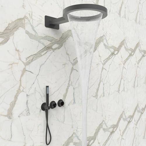 Ring Duschsystem Unterputz, Wasserfall & Regendusche Duscharmatur Set Unterputz mit 36cm Ring Duschkopf Regendusche und Handbrause, 3 Modi Duschsystem Duschset Wandmontage, Schwarz