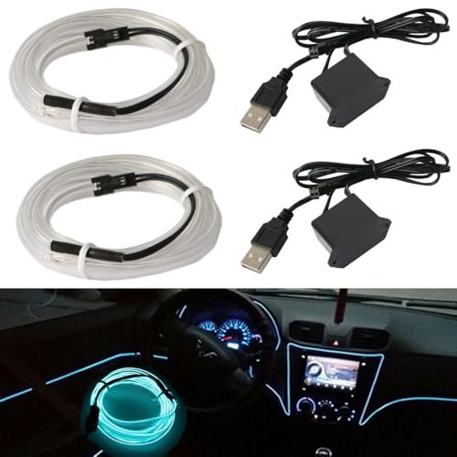 2 Piezas 5m Luces LED de Cable electroluminiscente,Luces de neón,Tira de Luces para Interiores de automóvil Kit de iluminación Ambiental,1 Rascador,2 Controlador USB-Azul Hielo