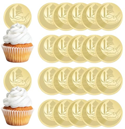 URROMA Eid al Fitr Cupcake Topper, 20Pcs Gold Acrylic Eid Mubarak Festival Moon Cake Dics Ramadan Mubarak Cake Picks Islamic Muslim Party Decor