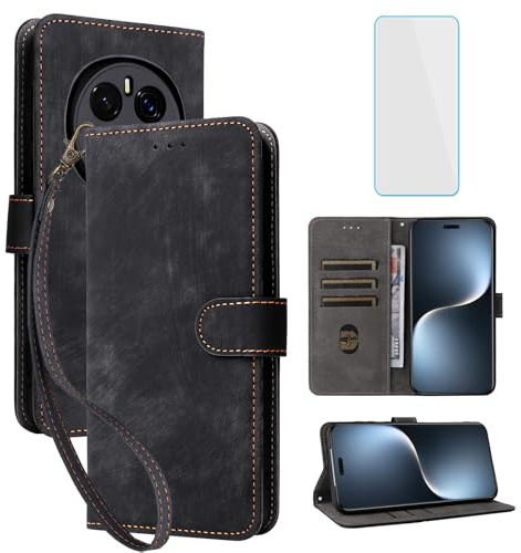 RFID Wallet Phone Case for Honor Magic7 Pro 5G Magic7Pro Magic 7 Pro Black | with Screen Protector,Leather Flip Cover,Card Slot,Kickstand,Women Men Mobile Phone Case for Honor Magic 7Pro 5G