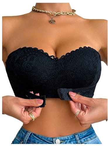 GORGLITTER Women's Strapless Push Up Front Fastening Bra No Underwire Wireless Scalloped Sexy Lace Bras Black 36B
