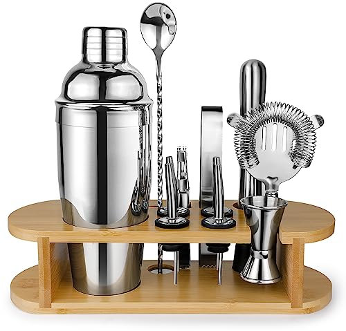 Set di Shaker per Cocktail Kit da Bartender con Supporto, Set di Miscelatori per Bevande in Acciaio Inox con Tutti Gli Accessori Essenziali, Set di Strumenti da Bar Professionali Kit da Bartender