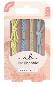 invisibobble BEAUTIES Bebé Azul (4 piezas) – Ligas trenzadas azul y verde – Espirales elegantes para cola o pulsera – Suaves con el cabello fino