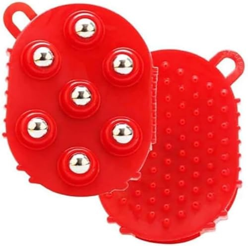 Lymphdrainage-Handschuhe, Lymphdrainage-Handschuhe für Frauen, Handmassageball, Beauty-Roller, Körperpflege-Muskelentlastungsgerät mit 7 Metallkugeln, 360-Grad-Massagerolle für Rücken und Bei (Rot)