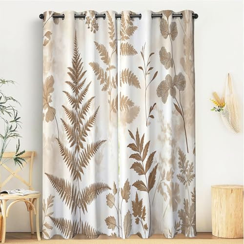 Fern Curtains, Vintage Art Patterns On Sepia Background, Window Treatments 2 Panel For Living Room Bedroom, W34 Xl45, Thermal Blackout Eyelet Drapes Decorative