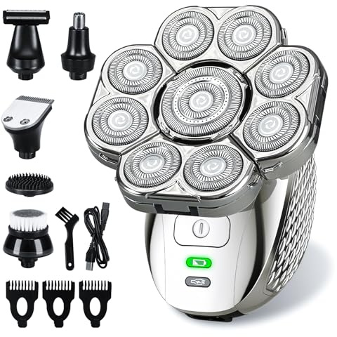 Glatzen Rasierer Herren, IPX7 Wasserdicht 9D Flexibler Schwebekopf, Nass & Trocken Kopfrasierer, LED-Anzeige, 120 Min Akkulaufzeit, 6-in-1 Pflege-Set (9D)