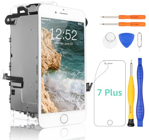 Yodoit Écran pour iPhone 7 Plus Blanc Complet avec Bouton Home, Caméra Avant, Haut-Parleur, Ecran Tactile LCD avec Kit d'outils, Film de Protection