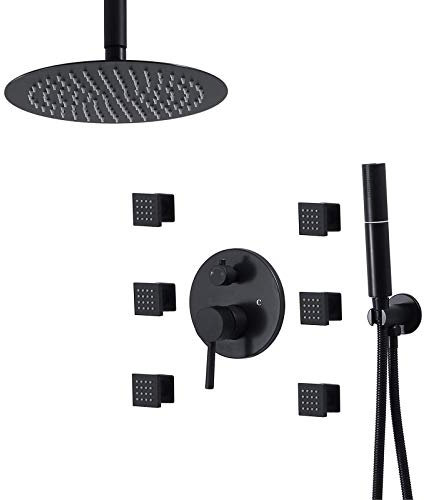 Set Doccia con Miscelatore a Pioggia Nero, Set Rubinetto a soffitto con soffione Doccia Rotondo da 10 Pollici, doccetta, getti corporei