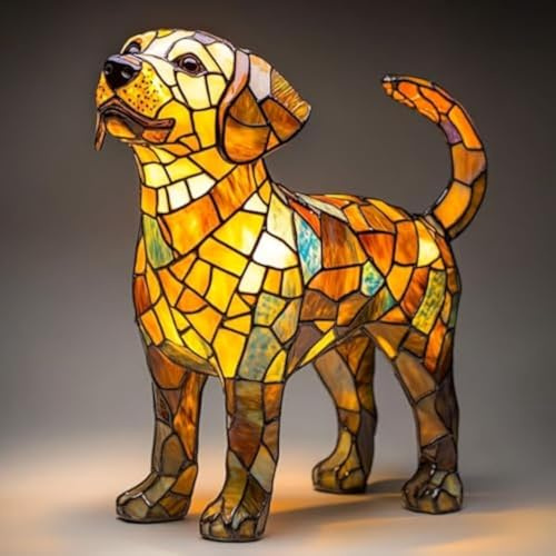 Nachtlicht katze und Hund, LED Katzenlampe/Hundlampe Mosaik, Tischlampe aus gebeiztem Harz, Niedliche HundFiguren Lampe mit Warmem Licht für Vintage Deko, Buntglas-Tierform (B)