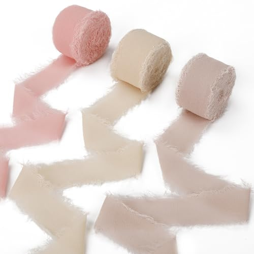Ezvsevuo Geschenkband Schleifenband, 2,5cm x 18,9m Chiffonband Stoffband, Schleifenband Bänder-Set für Hochzeiten, Einladungen, Geschenkverpackungen, Dekoration - Rosa (3 Farbe)