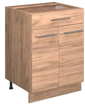 Vicco Küchenunterschrank Fame-Line, Goldkraft Eiche, 60 cm | Metall-Vollauszüge · Ohne Arbeitsplatte · Höhenverstellbare Füße · Metallgriffe · Soft-Close