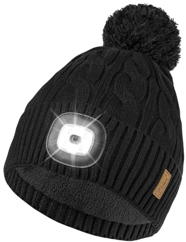 Etsfmoa Mütze mit LED Licht,Hut mit warmem Futter,Geschenke für Damen | Type-C Wiederaufladbare Bommelmütze,Weiches Fleecefutter leuchtmütze,Ideal für Gassigänge und nächtliche Arbeiten im Freien