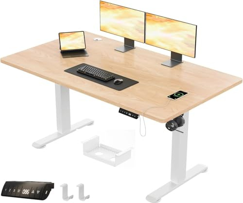JUMMICO Scrivania Regolabile in Altezza Elettrica 160x80 cm, Scrivania Ergonomica Seduta in Piedi con Vassoio per Cavi e Porta USB, Scrivania per Computer Ufficio, Beige e Bianco