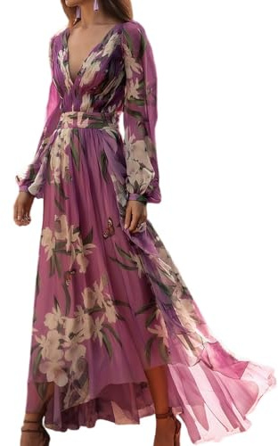 Onsoyours Abito Maxi Donna Scollo A V Vestiti Lungo Stampa Floreale Vita Alta Cerimonia Vestito Elegante Manica Lunga Curvy Swing Spiaggia Abiti Casual Autunno A Viola M