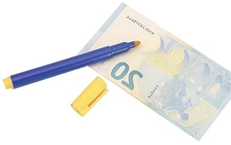 Inov Paris - Rotulador de verificación de billetes, bolígrafo con detector de billetes falsos, azul y amarillo, juego de 2 rotuladores para comercios y empresas para todas las monedas euros y otros