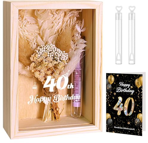 Mngevcy Geldgeschenk Geburtstag, 40 Happy Birthday Geldgeschenke Verpackung, Geschenkbox Frauen mit Holzbox + Trockenblumen + Reagenzglas + Seifenblasenstab + Grußkarten