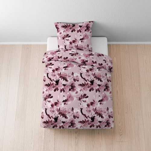 Sleezzz Parure de lit en flanelle fine 155 x 220 cm + 80 x 80 cm, motif floral aquarelle rose, 69 % coton, 31 % polyester, avec fermeture éclair, respirant, conserve la chaleur, lavable jusqu'à 60 °C