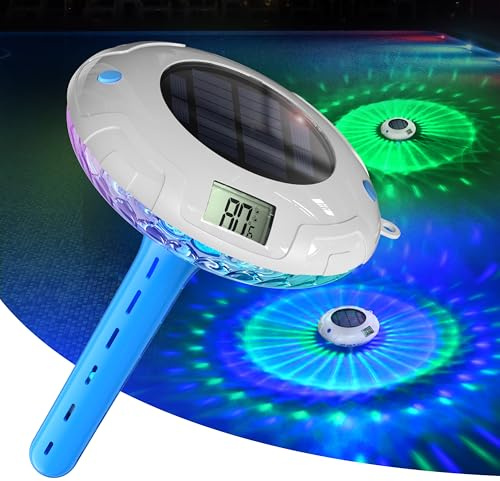 Luz solar para piscina con doble pantalla LCD, termómetro flotante para piscina de fácil lectura, 8 efectos de iluminación dinámicos, termómetro digital impermeable IPX7