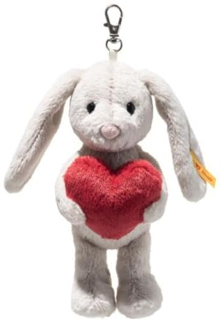 Steiff Hoppie Hase mit Herz Anhänger 15cm, Plüschtier Hase mit Schlappohren, Soft Cuddly Friends, Flauschiger Stofftier Schlüsselanhänger, Kuscheltier Glücksbringer, waschmaschinenfest