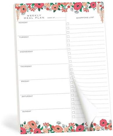 Planificateur de menu magnétique avec liste de courses pour réfrigérateur - 50 feuilles détachables - Bloc-notes magnétiques non datés pour la planification des repas - Avec 6 stylos effaçables