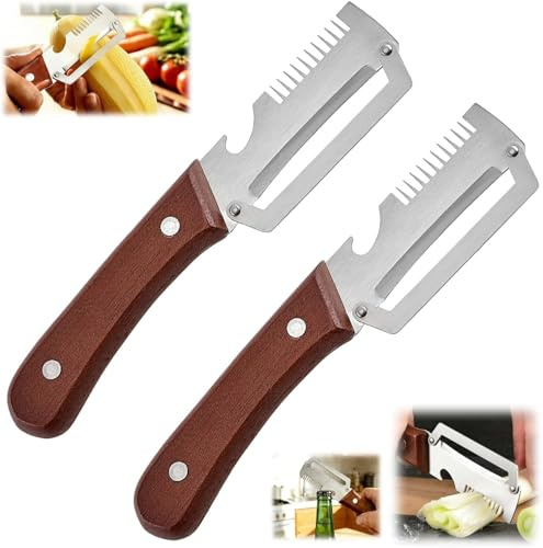 Pelador Verduras Multifunción, 3-in-1 Stainless Steel Wide Blade Potato Peeler with Built-in Scallion Shredder & Bottle Opener Zanahorias Abrir Botellas Vino Sin Esfuerzo (2 Pack)