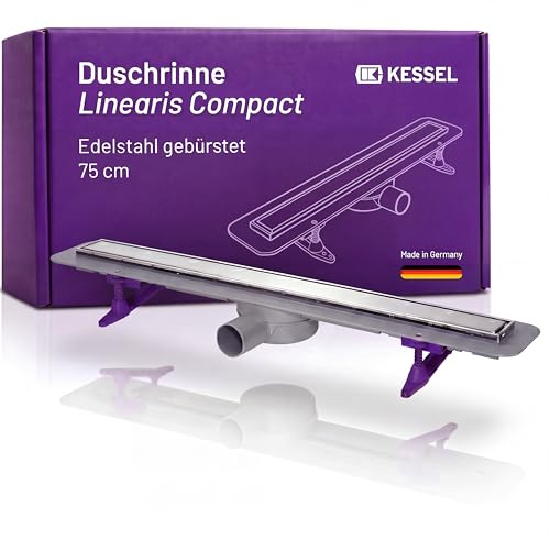 KESSEL Duschrinne Linearis Compact 75 cm, Edelstahl, DN 50, flach | Wendbarer Rost befliesbar, inkl. Geruchsverschluss, WaD Dichtmanschette, geringe Einbauhöhe, Komplettset