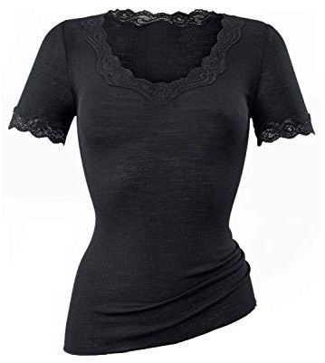CALIDA Richesse Lace T-shirt, dam, tillverkad av ny ull och siden med spets på halsen, finribbad i rundstickad utan irriterande sidosömmar, temperaturutjämnande