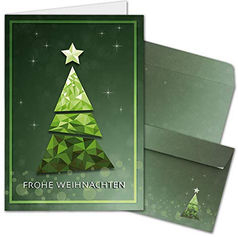 NEUSER PAPIER 50x Weihnachtskarten-Set DIN A6 mit grünem Weihnachtsbaum in Glasmosaik-Optik - Faltkarten mit passenden Umschlägen DIN C6 in Grün - Weihnachtsgrüße für Firmen und Privat